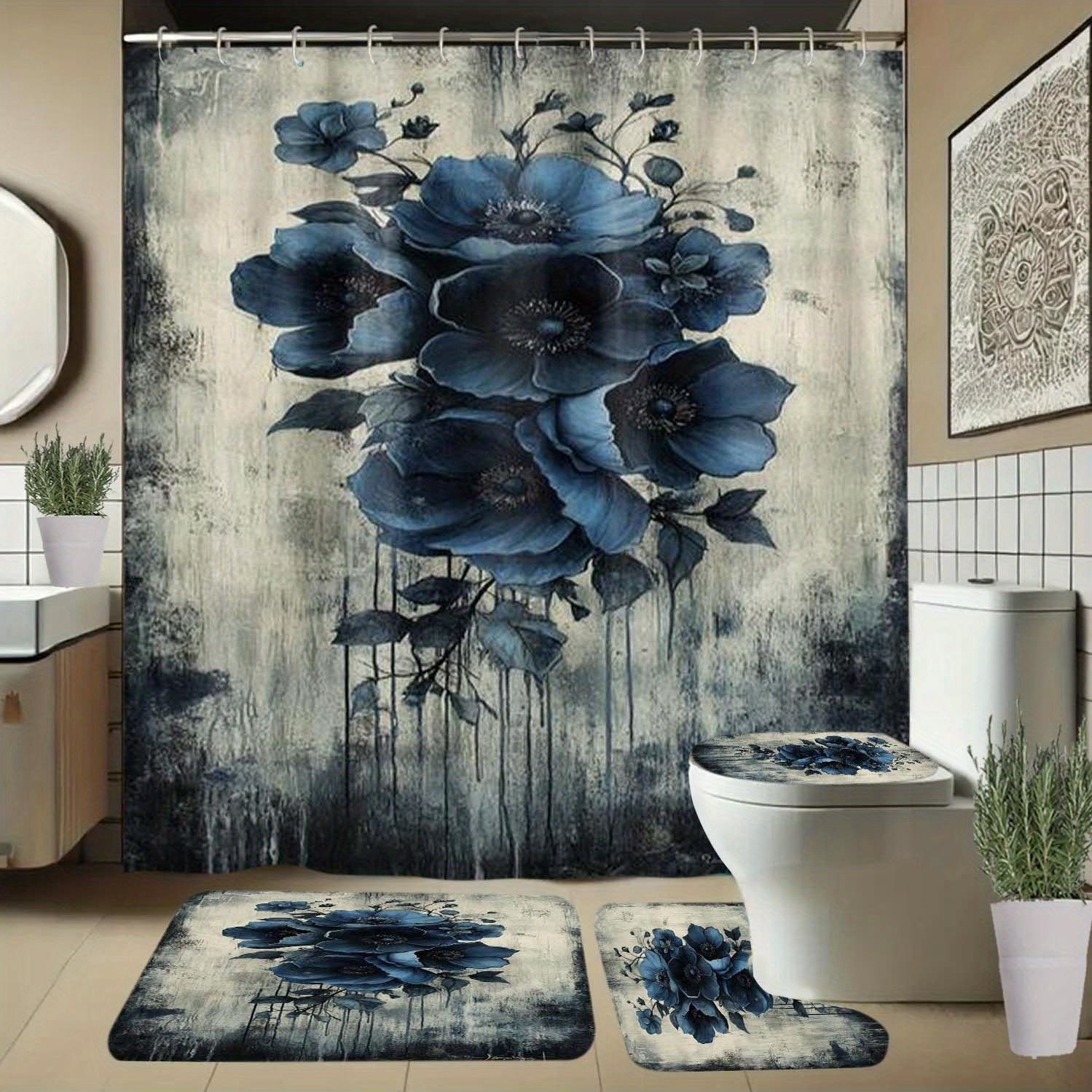 4pcs Blue Floral Shower Curtai - đánh giá và giá Home Bathroom Tub